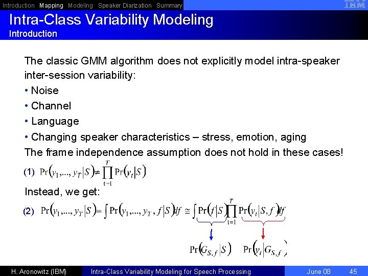 Introduction Mapping Modeling Speaker Diarization Summary Intra-Class Variability Modeling Introduction The classic GMM algorithm
