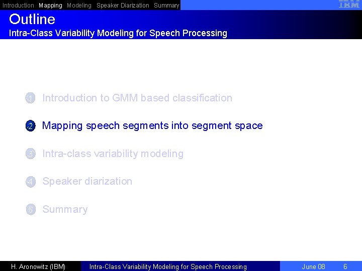 Introduction Mapping Modeling Speaker Diarization Summary Outline Intra-Class Variability Modeling for Speech Processing 1