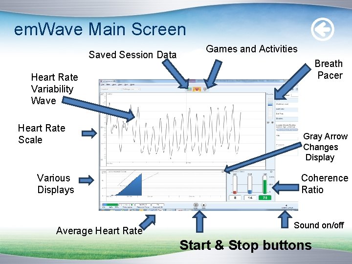 em. Wave Main Screen Saved Session Data Games and Activities Breath Pacer Heart Rate