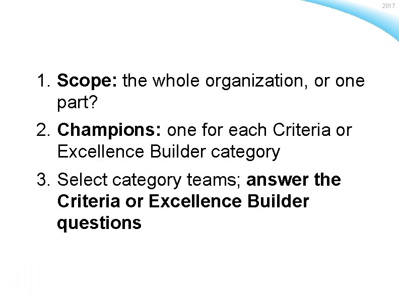 2017 1. Scope: the whole organization, or one part? 2. Champions: one for each