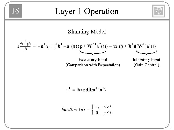 16 Layer 1 Operation Shunting Model Excitatory Input (Comparison with Expectation) Inhibitory Input (Gain