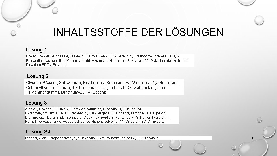 INHALTSSTOFFE DER LÖSUNGEN Lösung 1 Glycerin, Waier, Milchsäure, Butandiol, Bai Wei genau, 1, 2