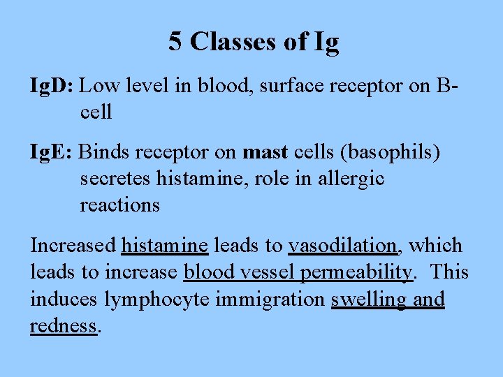 5 Classes of Ig Ig. D: Low level in blood, surface receptor on Bcell