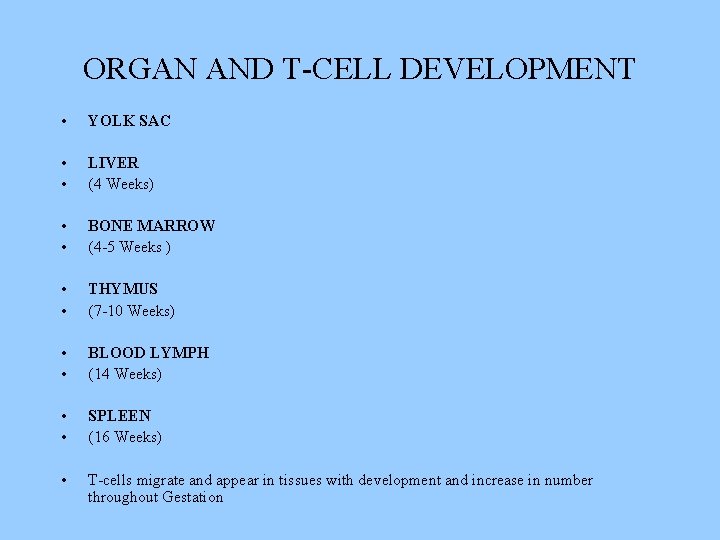 ORGAN AND T-CELL DEVELOPMENT • YOLK SAC • • LIVER (4 Weeks) • •