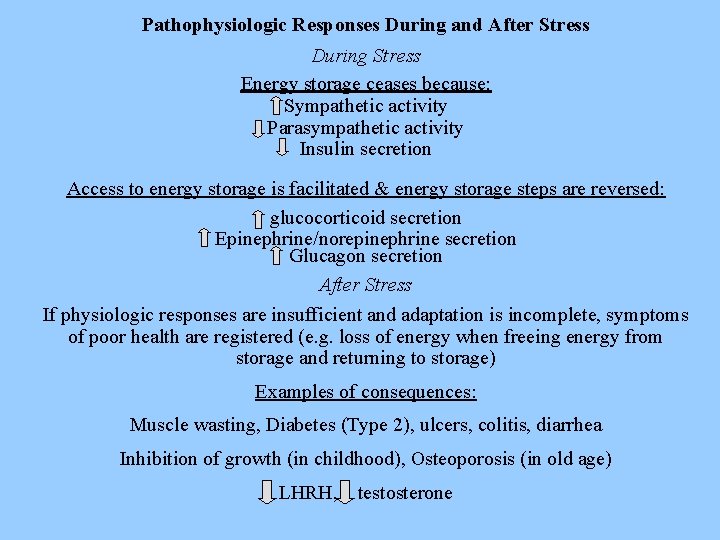 Pathophysiologic Responses During and After Stress During Stress Energy storage ceases because: Sympathetic activity