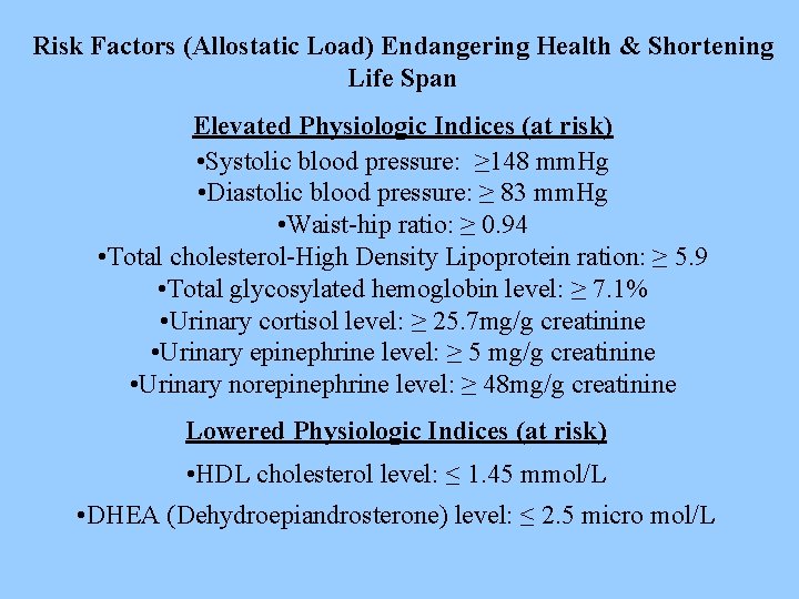 Risk Factors (Allostatic Load) Endangering Health & Shortening Life Span Elevated Physiologic Indices (at