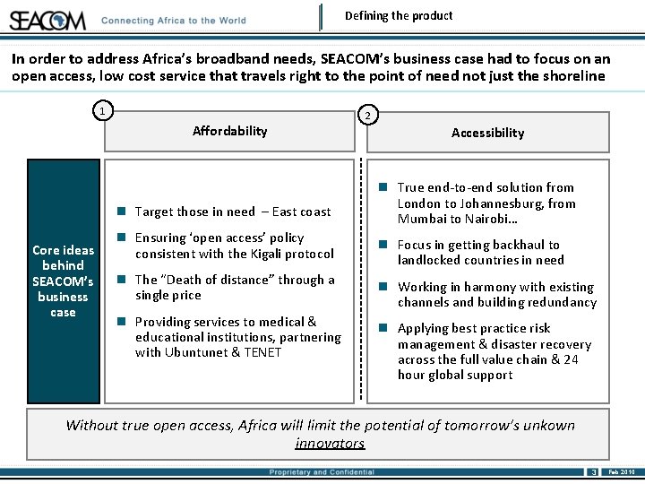 Defining the product In order to address Africa’s broadband needs, SEACOM’s business case had