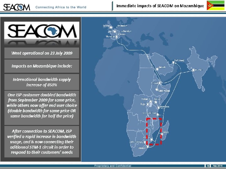 Immediate impacts of SEACOM on Mozambique Went operational on 23 July 2009 Impacts on