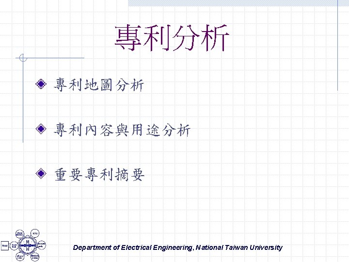 專利分析 專利地圖分析 專利內容與用途分析 重要專利摘要 Department of Electrical Engineering, National Taiwan University 