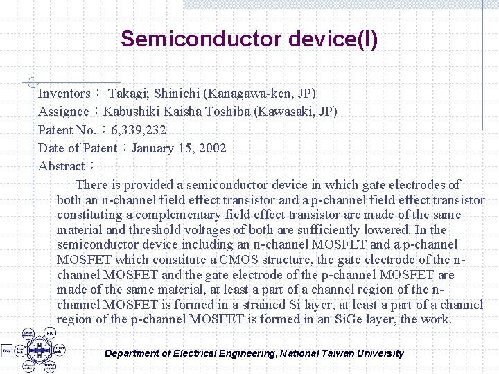 Semiconductor device(I) Inventors： Takagi; Shinichi (Kanagawa-ken, JP) Assignee：Kabushiki Kaisha Toshiba (Kawasaki, JP) Patent No.