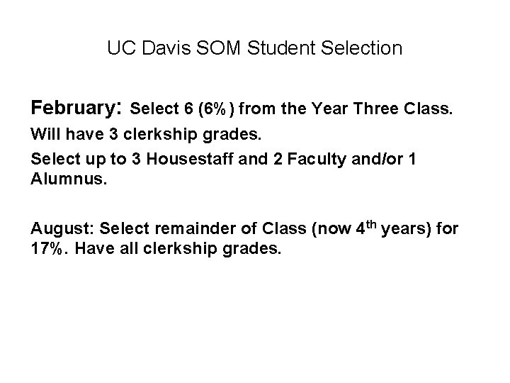 UC Davis SOM Student Selection February: Select 6 (6%) from the Year Three Class.