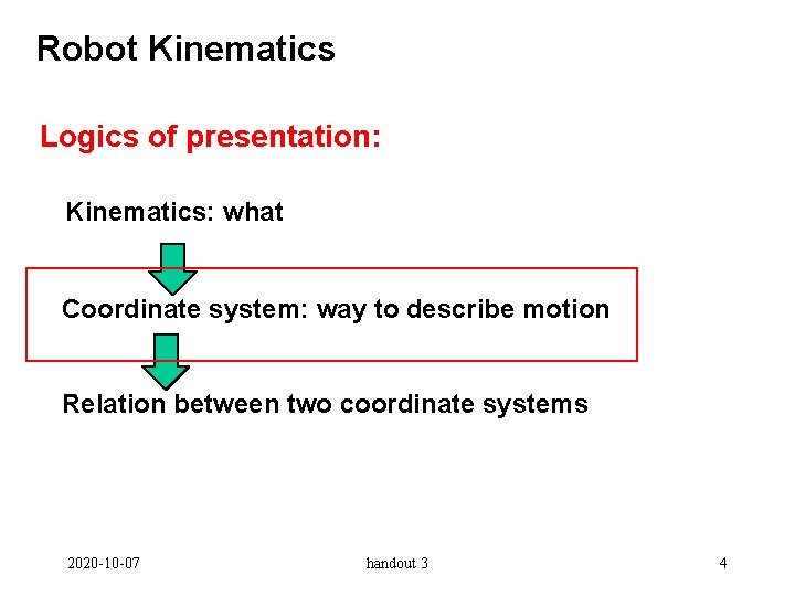 Robot Kinematics Logics of presentation: Kinematics: what Coordinate system: way to describe motion Relation