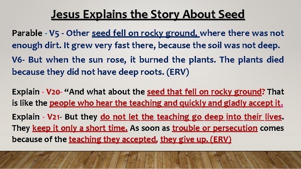 Jesus Explains the Story About Seed Parable - V 5 - Other seed fell