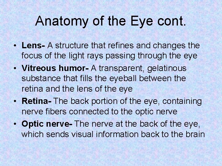 Anatomy of the Eye cont. • Lens- A structure that refines and changes the