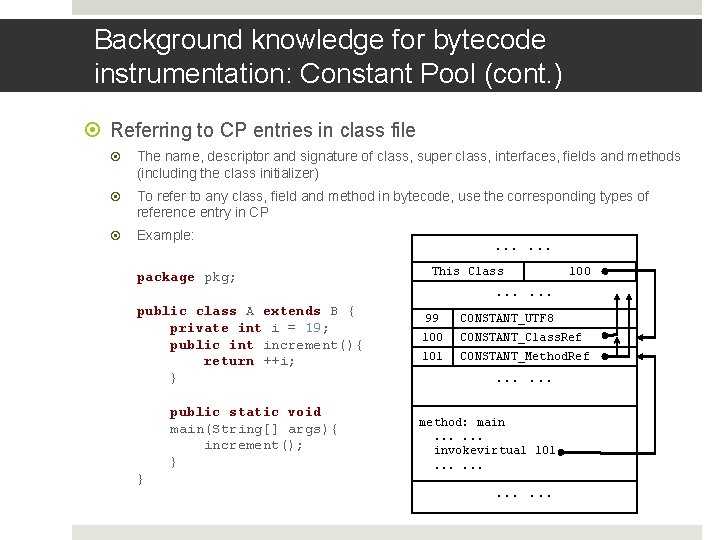 Background knowledge for bytecode instrumentation: Constant Pool (cont. ) Referring to CP entries in