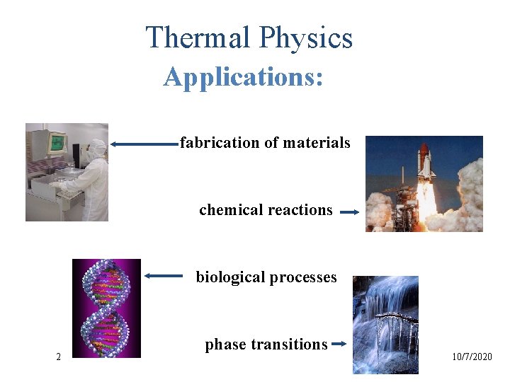 Thermal Physics Applications: fabrication of materials chemical reactions biological processes 2 phase transitions 10/7/2020