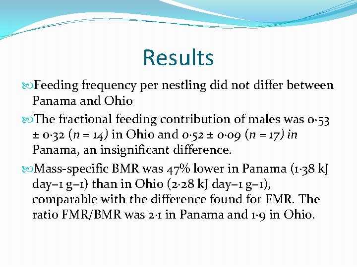 Results Feeding frequency per nestling did not differ between Panama and Ohio The fractional Results Feeding frequency per nestling did not differ between Panama and Ohio The fractional