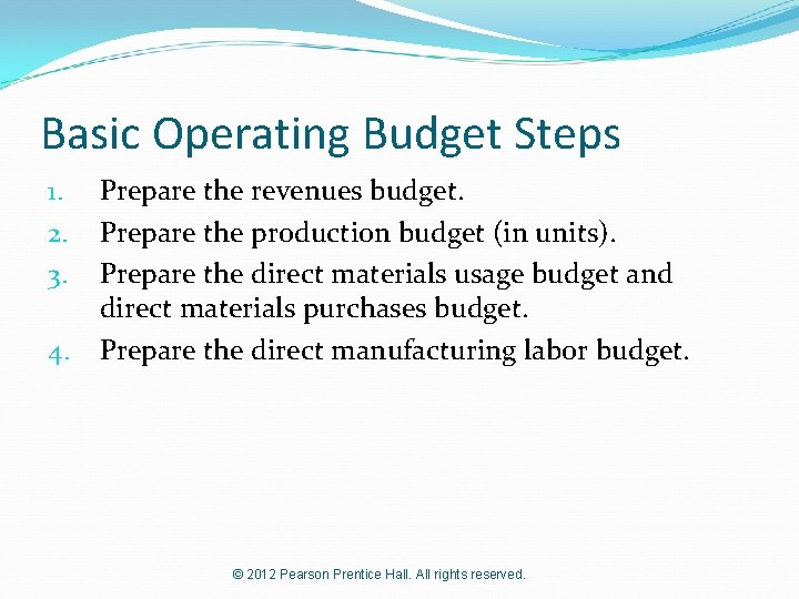 Basic Operating Budget Steps 1. 2. 3. 4. Prepare the revenues budget. Prepare the
