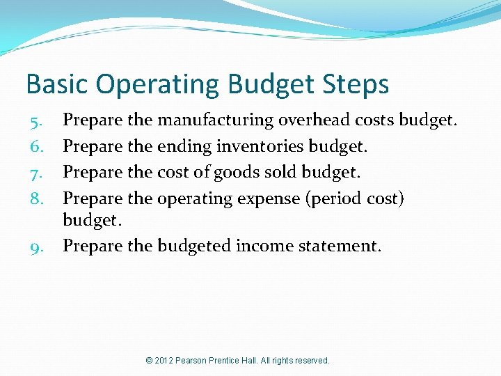Basic Operating Budget Steps 5. 6. 7. 8. 9. Prepare the manufacturing overhead costs
