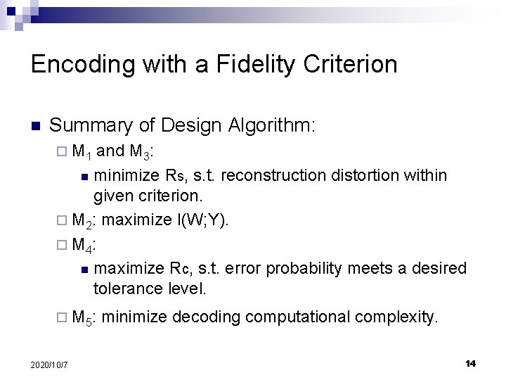 Encoding with a Fidelity Criterion n Summary of Design Algorithm: ¨ M 1 and