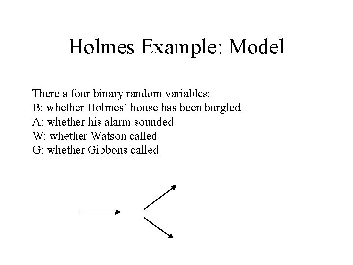 Holmes Example: Model There a four binary random variables: B: whether Holmes’ house has