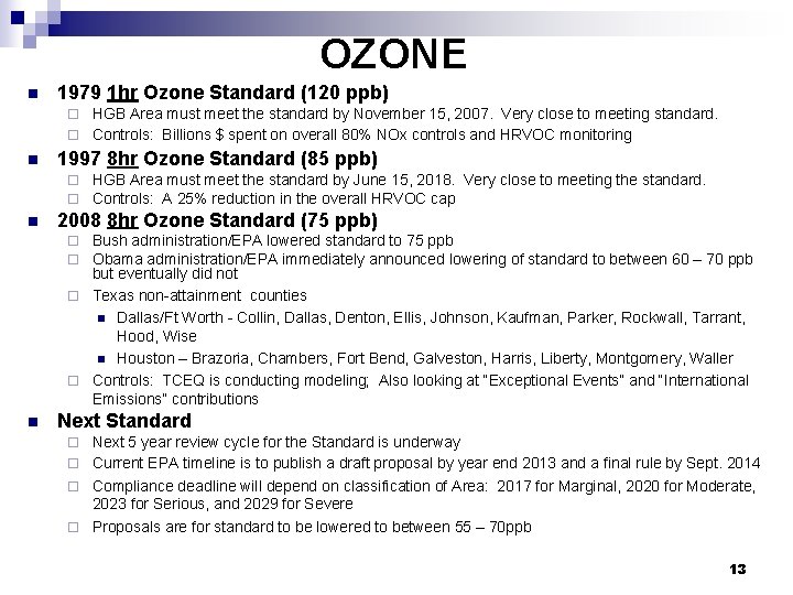 OZONE n 1979 1 hr Ozone Standard (120 ppb) HGB Area must meet the