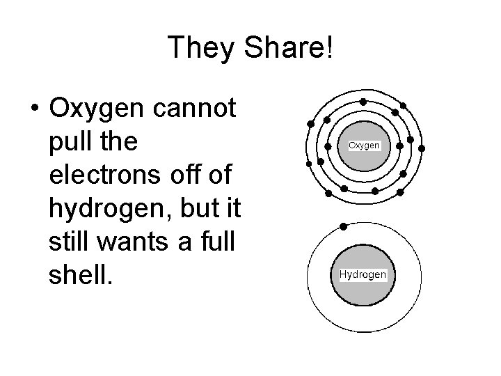 They Share! • Oxygen cannot pull the electrons off of hydrogen, but it still