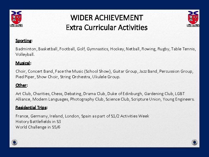 WIDER ACHIEVEMENT Extra Curricular Activities Sporting: Badminton, Basketball, Football, Golf, Gymnastics, Hockey, Netball, Rowing,