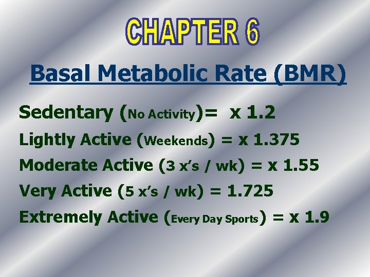 Basal Metabolic Rate (BMR) Sedentary (No Activity)= x 1. 2 Lightly Active (Weekends) =