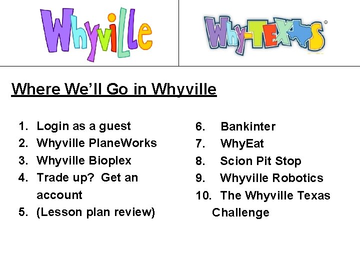 Where We’ll Go in Whyville 1. 2. 3. 4. Login as a guest Whyville