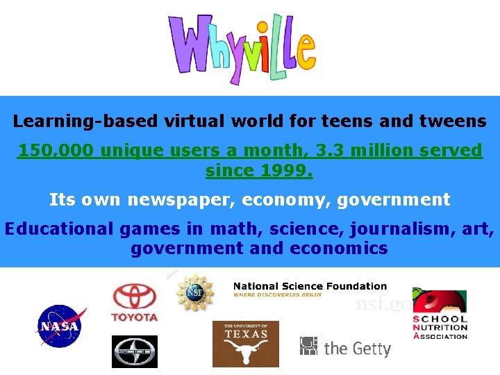 Learning-based virtual world for teens and tweens 150, 000 unique users a month, 3.