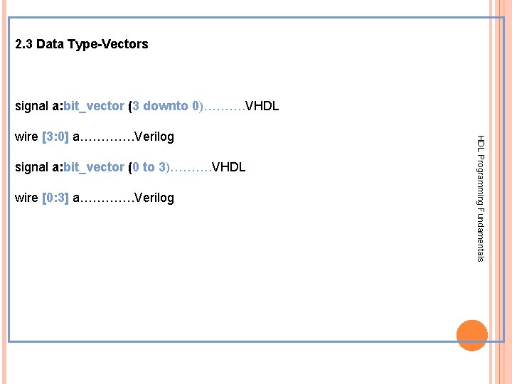2. 3 Data Type-Vectors signal a: bit_vector (3 downto 0)………. VHDL signal a: bit_vector 2. 3 Data Type-Vectors signal a: bit_vector (3 downto 0)………. VHDL signal a: bit_vector