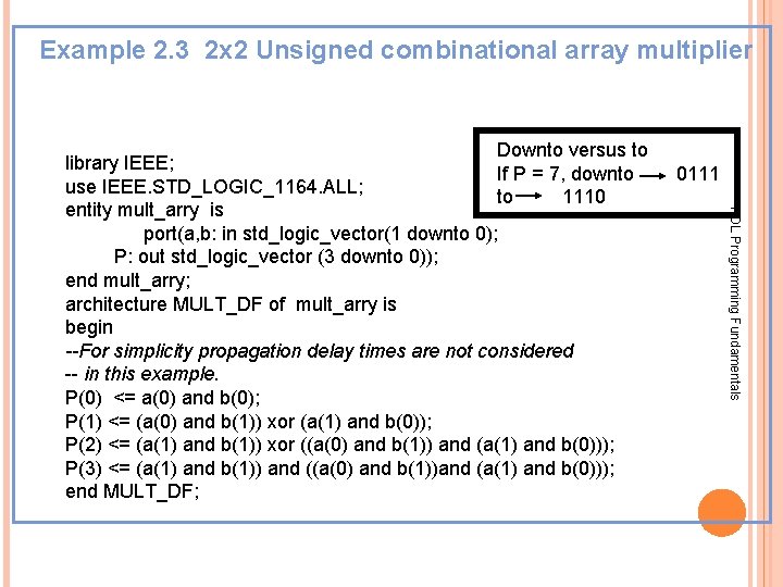 Example 2. 3 2 x 2 Unsigned combinational array multiplier 0111 HDL Programming Fundamentals Example 2. 3 2 x 2 Unsigned combinational array multiplier 0111 HDL Programming Fundamentals