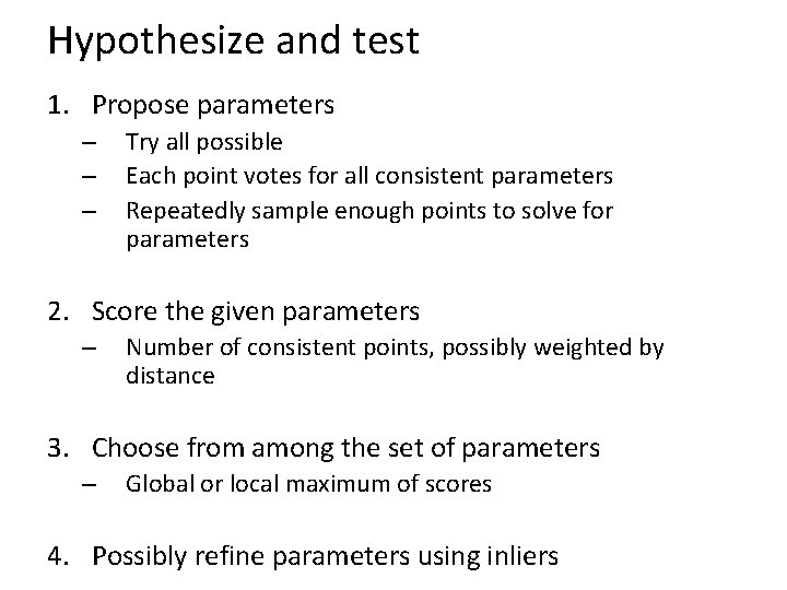 Hypothesize and test 1. Propose parameters – – – Try all possible Each point