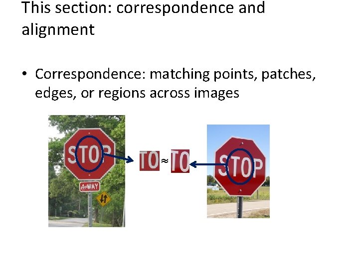 This section: correspondence and alignment • Correspondence: matching points, patches, edges, or regions across