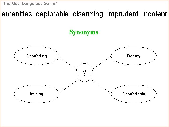 “The Most Dangerous Game” amenities deplorable disarming imprudent indolent Synonyms Comforting Roomy ? Inviting