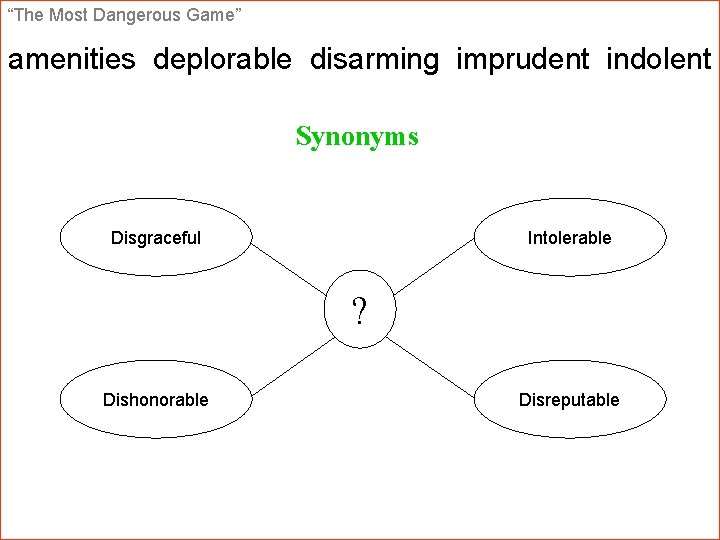 “The Most Dangerous Game” amenities deplorable disarming imprudent indolent Synonyms Disgraceful Intolerable ? Dishonorable