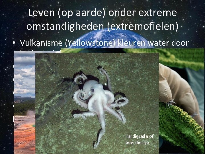 Leven (op aarde) onder extreme omstandigheden (extremofielen) • Vulkanisme (Yellowstone) kleuren water door biologisch