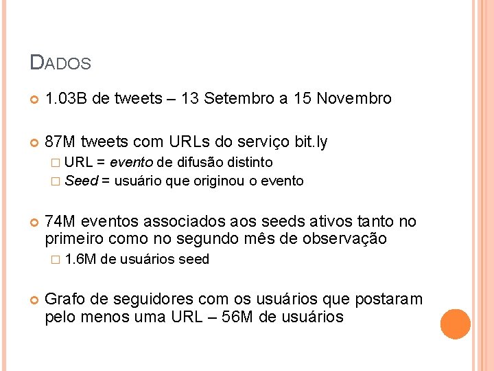 DADOS 1. 03 B de tweets – 13 Setembro a 15 Novembro 87 M