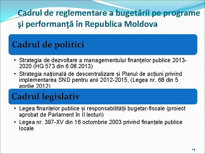 Cadrul de reglementare a bugetării pe programe şi performanţă în Republica Moldova Cadrul de