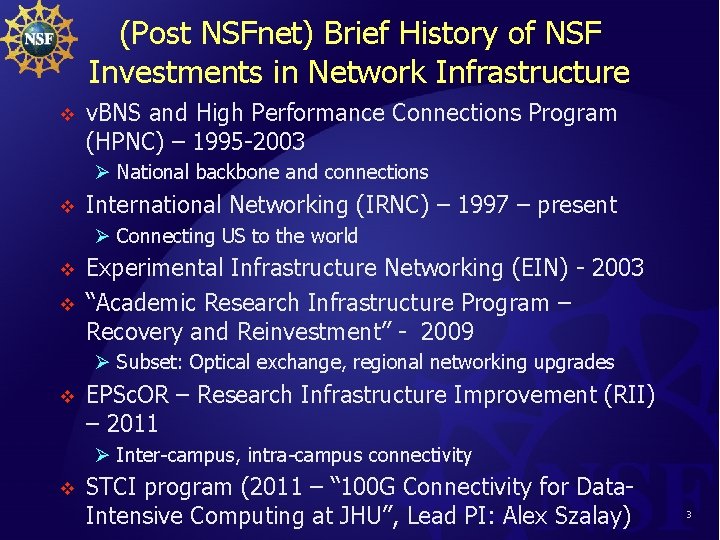(Post NSFnet) Brief History of NSF Investments in Network Infrastructure v v. BNS and