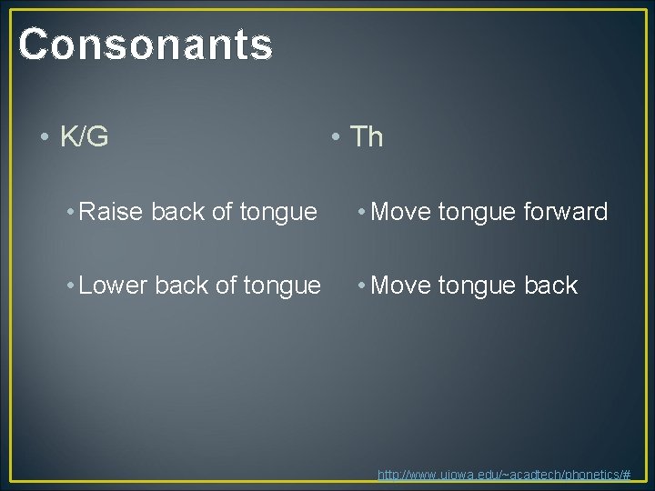 Consonants • K/G • Th • Raise back of tongue • Move tongue forward