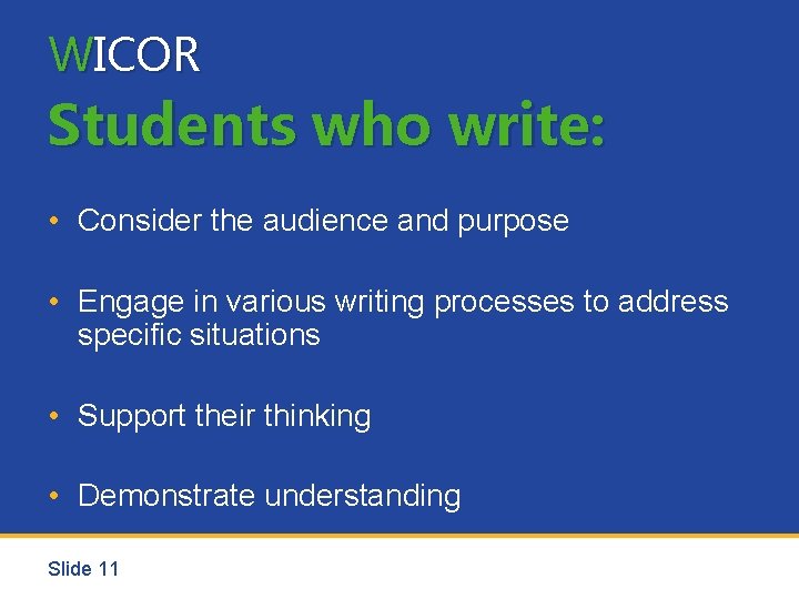 WICOR Students who write: • Consider the audience and purpose • Engage in various