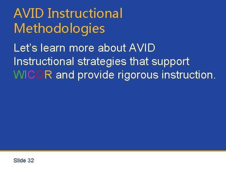 AVID Instructional Methodologies Let’s learn more about AVID Instructional strategies that support WICOR and