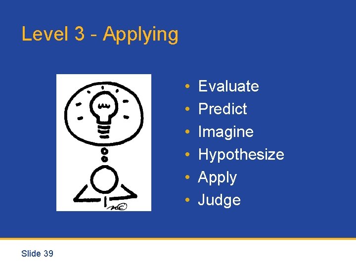 Level 3 - Applying • • • Slide 39 Evaluate Predict Imagine Hypothesize Apply