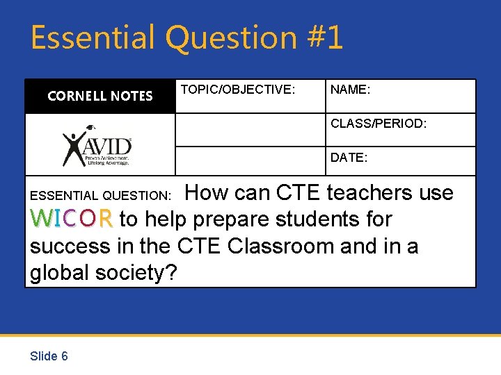 Essential Question #1 CORNELL NOTES TOPIC/OBJECTIVE: NAME: CLASS/PERIOD: DATE: How can CTE teachers use