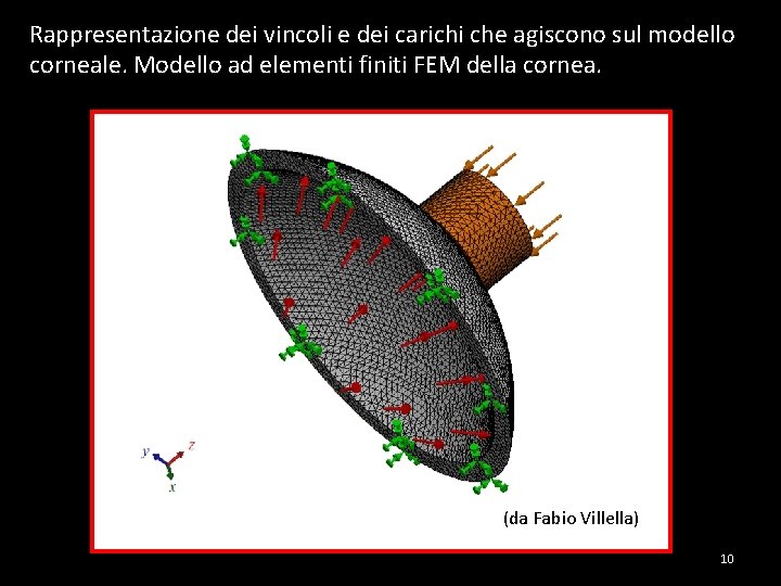 Rappresentazione dei vincoli e dei carichi che agiscono sul modello corneale. Modello ad elementi