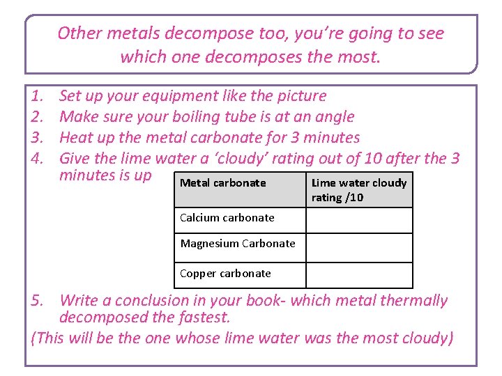 Other metals decompose too, you’re going to see which one decomposes the most. 1.