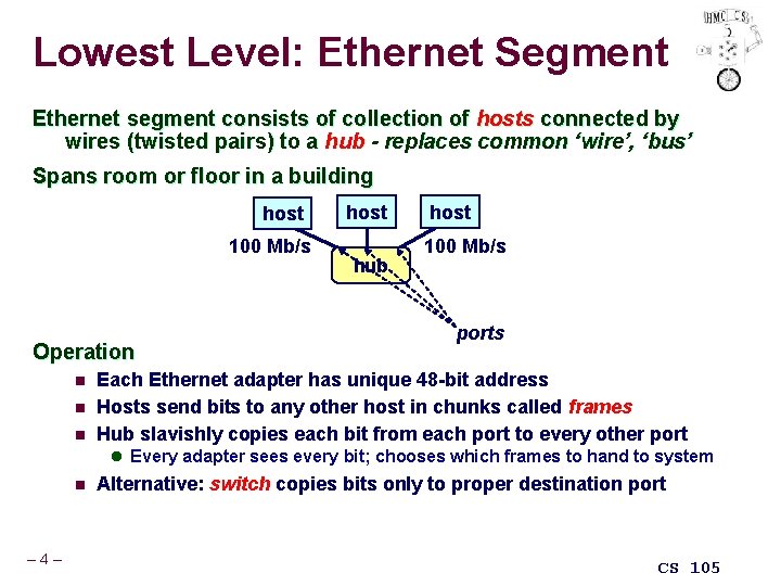 Lowest Level: Ethernet Segment Ethernet segment consists of collection of hosts connected by wires
