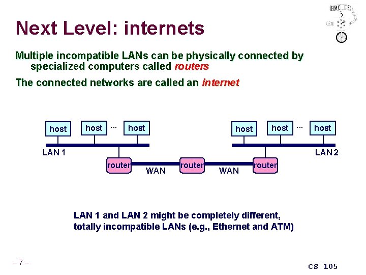 Next Level: internets Multiple incompatible LANs can be physically connected by specialized computers called